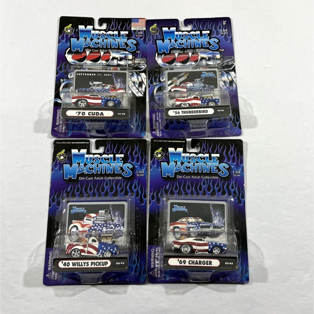 Lot of 4 Muscle Machines Die Cast American Flag 1:64 Thunderbird Cuda Charger